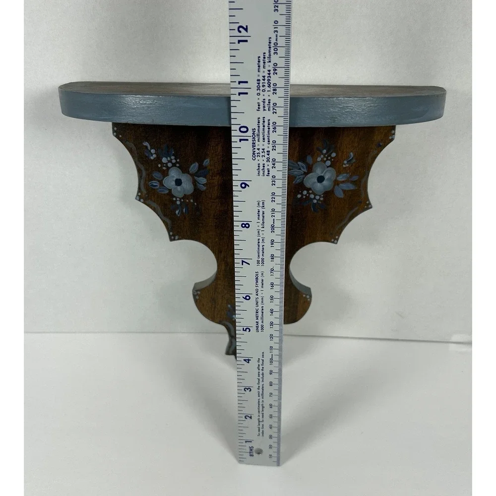 Small Wood Cottagecore Wall Shelf Floral Painted Blue Flowers 10.75